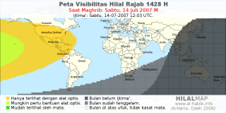 HilalMap: Peta Visibilitas Hilal Rajab 1428 H: rukyat tanggal 2007-7-14 M