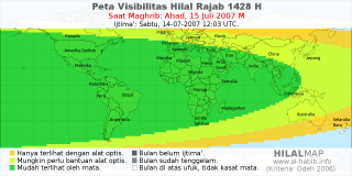 HilalMap: Peta Visibilitas Hilal Rajab 1428 H: rukyat tanggal 2007-7-15 M