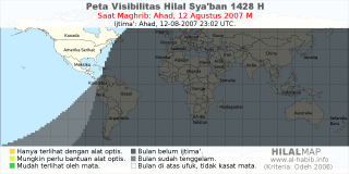 HilalMap: Peta Visibilitas Hilal Syaban 1428 H: rukyat tanggal 2007-8-12 M