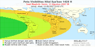HilalMap: Peta Visibilitas Hilal Syaban 1428 H: rukyat tanggal 2007-8-13 M