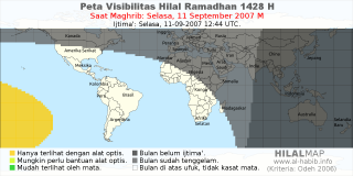 HilalMap: Peta Visibilitas Hilal Ramadhan 1428 H: rukyat tanggal 2007-9-11 M