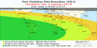 HilalMap: Peta Visibilitas Hilal Ramadhan 1428 H: rukyat tanggal 2007-9-12 M