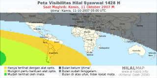 HilalMap: Peta Visibilitas Hilal Syawwal 1428 H: rukyat tanggal 2007-10-11 M