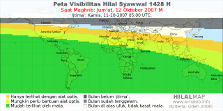 HilalMap: Peta Visibilitas Hilal Syawwal 1428 H: rukyat tanggal 2007-10-12 M