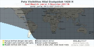 HilalMap: Peta Visibilitas Hilal Dzulqaidah 1428 H: rukyat tanggal 2007-11-9 M