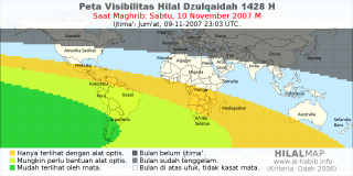 HilalMap: Peta Visibilitas Hilal Dzulqaidah 1428 H: rukyat tanggal 2007-11-10 M