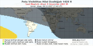 HilalMap: Peta Visibilitas Hilal Dzulhijjah 1428 H: rukyat tanggal 2007-12-9 M