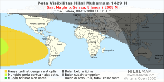 HilalMap: Peta Visibilitas Hilal Muharram 1429 H: rukyat tanggal 2008-1-8 M