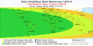HilalMap: Peta Visibilitas Hilal Muharram 1429 H: rukyat tanggal 2008-1-9 M