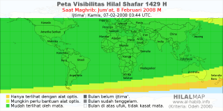 HilalMap: Peta Visibilitas Hilal Shafar 1429 H: rukyat tanggal 2008-2-8 M