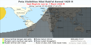 HilalMap: Peta Visibilitas Hilal Rabiul-Awwal 1429 H: rukyat tanggal 2008-3-7 M