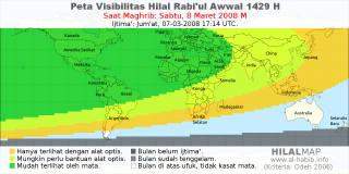 HilalMap: Peta Visibilitas Hilal Rabiul-Awwal 1429 H: rukyat tanggal 2008-3-8 M