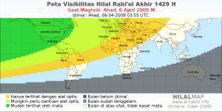 HilalMap: Peta Visibilitas Hilal Rabiul-Akhir 1429 H: rukyat tanggal 2008-4-6 M