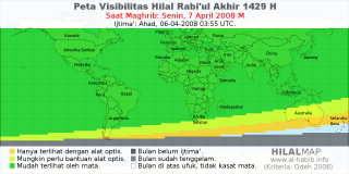 HilalMap: Peta Visibilitas Hilal Rabiul-Akhir 1429 H: rukyat tanggal 2008-4-7 M