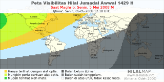 HilalMap: Peta Visibilitas Hilal Jumadal-Awwal 1429 H: rukyat tanggal 2008-5-5 M