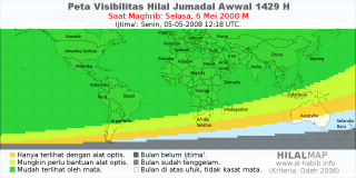 HilalMap: Peta Visibilitas Hilal Jumadal-Awwal 1429 H: rukyat tanggal 2008-5-6 M