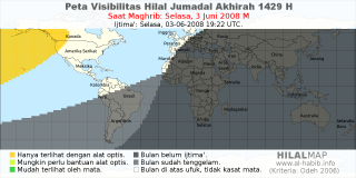 HilalMap: Peta Visibilitas Hilal Jumadal-Akhirah 1429 H: rukyat tanggal 2008-6-3 M