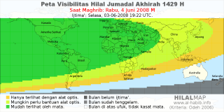 HilalMap: Peta Visibilitas Hilal Jumadal-Akhirah 1429 H: rukyat tanggal 2008-6-4 M