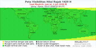 HilalMap: Peta Visibilitas Hilal Rajab 1429 H: rukyat tanggal 2008-7-4 M