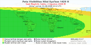 HilalMap: Peta Visibilitas Hilal Syaban 1429 H: rukyat tanggal 2008-8-2 M