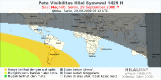 HilalMap: Peta Visibilitas Hilal Syawwal 1429 H: rukyat tanggal 2008-9-29 M