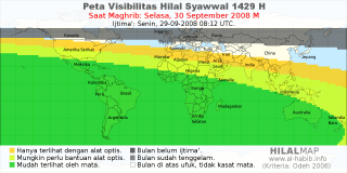 HilalMap: Peta Visibilitas Hilal Syawwal 1429 H: rukyat tanggal 2008-9-30 M
