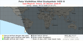 HilalMap: Peta Visibilitas Hilal Dzulqaidah 1429 H: rukyat tanggal 2008-10-28 M