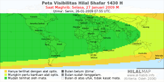HilalMap: Peta Visibilitas Hilal Shafar 1430 H: rukyat tanggal 2009-1-27 M