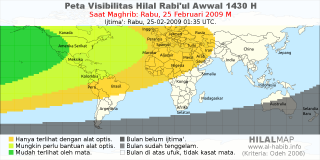 HilalMap: Peta Visibilitas Hilal Rabiul-Awwal 1430 H: rukyat tanggal 2009-2-25 M