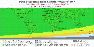 HilalMap: Peta Visibilitas Hilal Rabiul-Awwal 1430 H: rukyat tanggal 2009-2-26 M