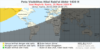 HilalMap: Peta Visibilitas Hilal Rabiul-Akhir 1430 H: rukyat tanggal 2009-3-26 M