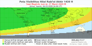 HilalMap: Peta Visibilitas Hilal Rabiul-Akhir 1430 H: rukyat tanggal 2009-3-27 M