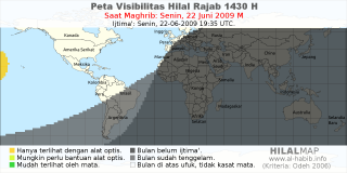 HilalMap: Peta Visibilitas Hilal Rajab 1430 H: rukyat tanggal 2009-6-22 M