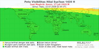 HilalMap: Peta Visibilitas Hilal Syaban 1430 H: rukyat tanggal 2009-7-23 M