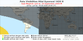 HilalMap: Peta Visibilitas Hilal Syawwal 1430 H: rukyat tanggal 2009-9-18 M