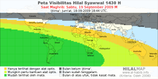 HilalMap: Peta Visibilitas Hilal Syawwal 1430 H: rukyat tanggal 2009-9-19 M