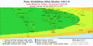 HilalMap: Peta Visibilitas Hilal Shafar 1431 H: rukyat tanggal 2010-1-16 M