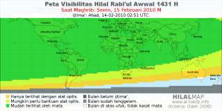 HilalMap: Peta Visibilitas Hilal Rabiul-Awwal 1431 H: rukyat tanggal 2010-2-15 M