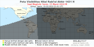 HilalMap: Peta Visibilitas Hilal Rabiul-Akhir 1431 H: rukyat tanggal 2010-3-15 M