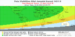 HilalMap: Peta Visibilitas Hilal Jumadal-Awwal 1431 H: rukyat tanggal 2010-4-15 M