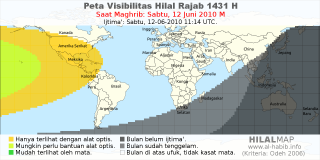 HilalMap: Peta Visibilitas Hilal Rajab 1431 H: rukyat tanggal 2010-6-12 M
