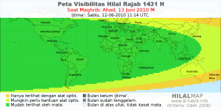 HilalMap: Peta Visibilitas Hilal Rajab 1431 H: rukyat tanggal 2010-6-13 M