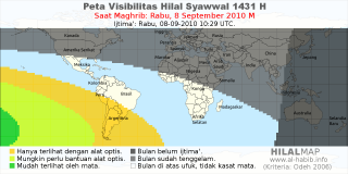 HilalMap: Peta Visibilitas Hilal Syawwal 1431 H: rukyat tanggal 2010-9-8 M