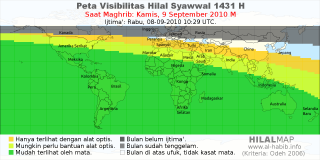 HilalMap: Peta Visibilitas Hilal Syawwal 1431 H: rukyat tanggal 2010-9-9 M