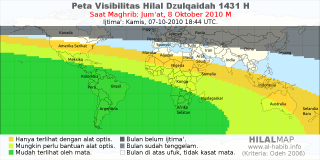 HilalMap: Peta Visibilitas Hilal Dzulqaidah 1431 H: rukyat tanggal 2010-10-8 M