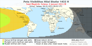 HilalMap: Peta Visibilitas Hilal Shafar 1432 H: rukyat tanggal 2011-1-4 M