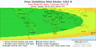 HilalMap: Peta Visibilitas Hilal Shafar 1432 H: rukyat tanggal 2011-1-5 M