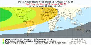 HilalMap: Peta Visibilitas Hilal Rabiul-Awwal 1432 H: rukyat tanggal 2011-2-3 M
