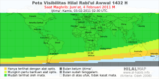 HilalMap: Peta Visibilitas Hilal Rabiul-Awwal 1432 H: rukyat tanggal 2011-2-4 M