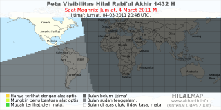 HilalMap: Peta Visibilitas Hilal Rabiul-Akhir 1432 H: rukyat tanggal 2011-3-4 M